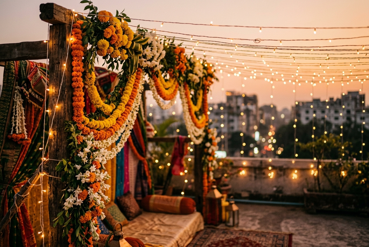Marigold and tuberose garlands draped on rustic brick wall
