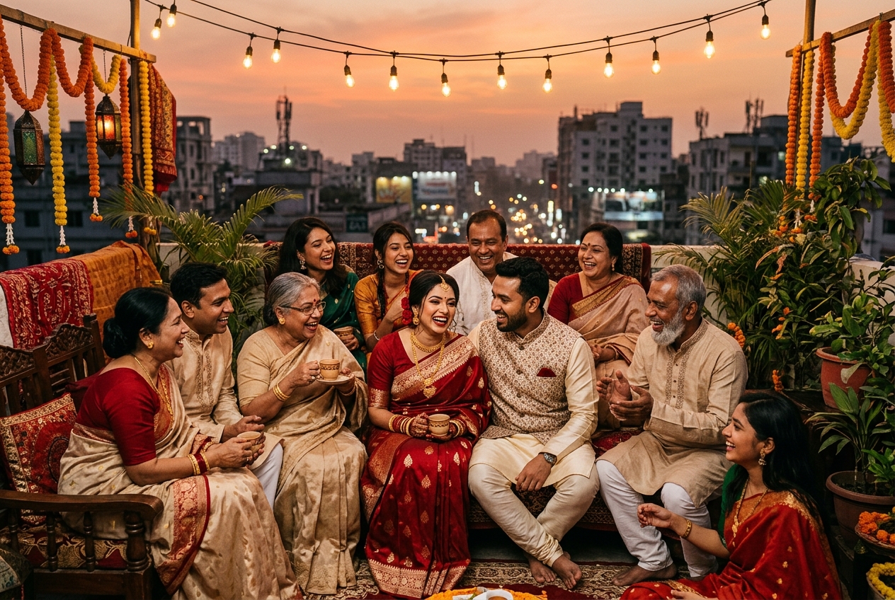 Close Bangladeshi family sitting together laughing on rooftop