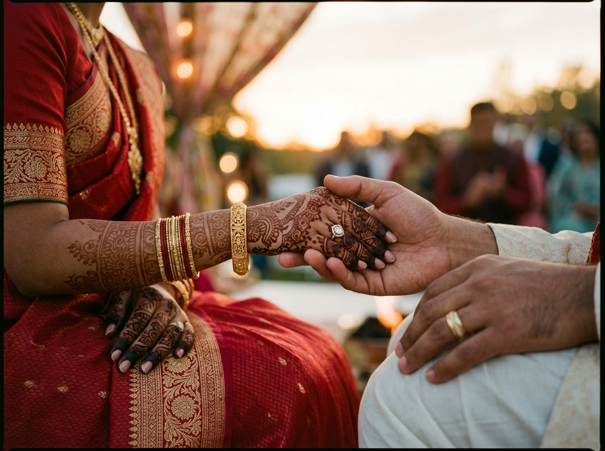Close up detail of mehendi on bride hands holding groom hand