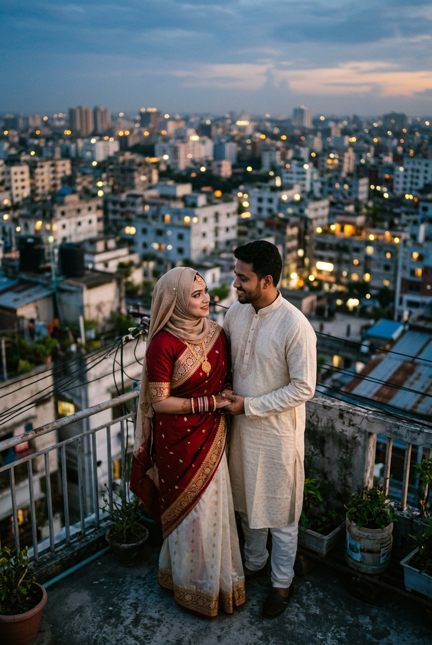 Editorial sunset portrait of Bangladeshi bride and groom on rooftop