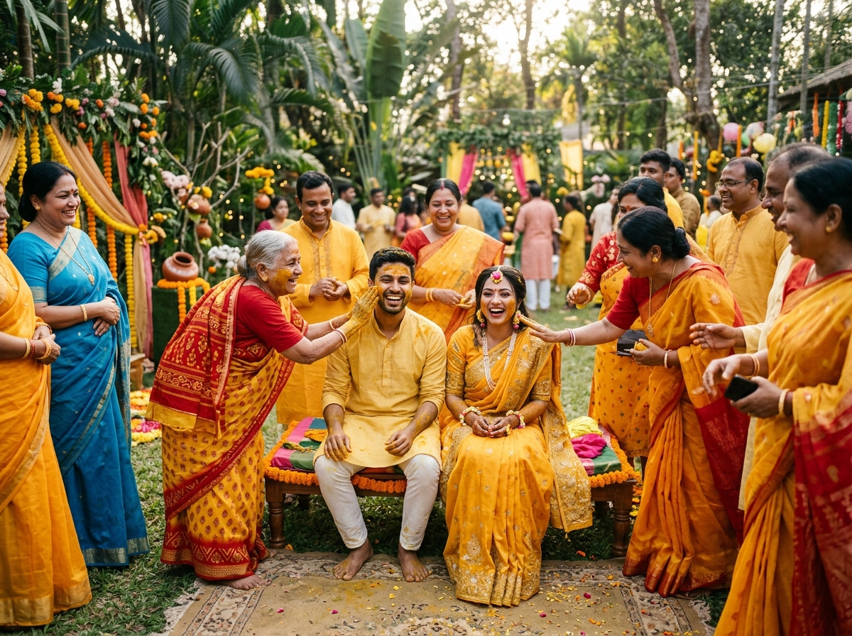 Family members applying turmeric paste to groom and bride