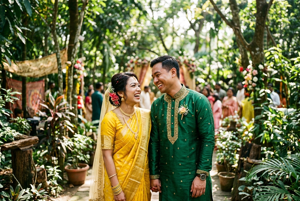 Groom smiling warmly at his bride outdoors in garden setting