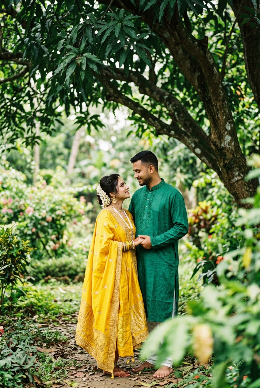 Emotional editorial portrait of couple under large banyan tree