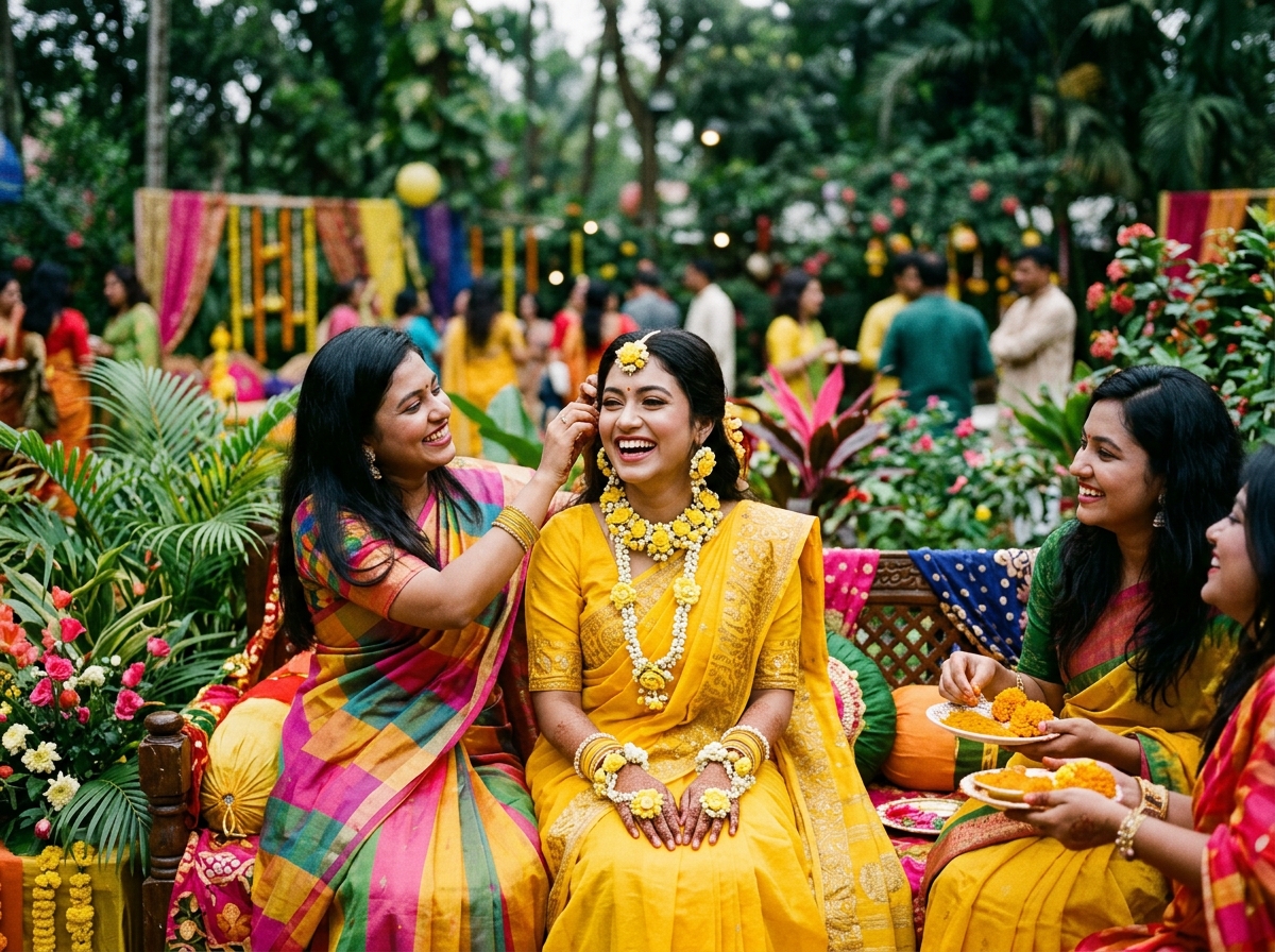 South Asian bride in vibrant turmeric yellow saree with floral jewelry