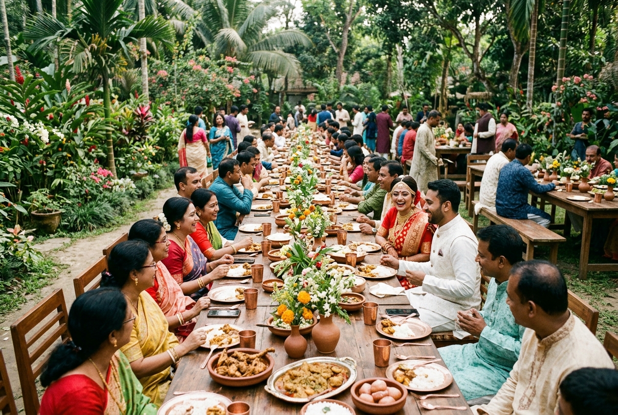 Outdoor wedding feast setup under garden trees in Sylhet