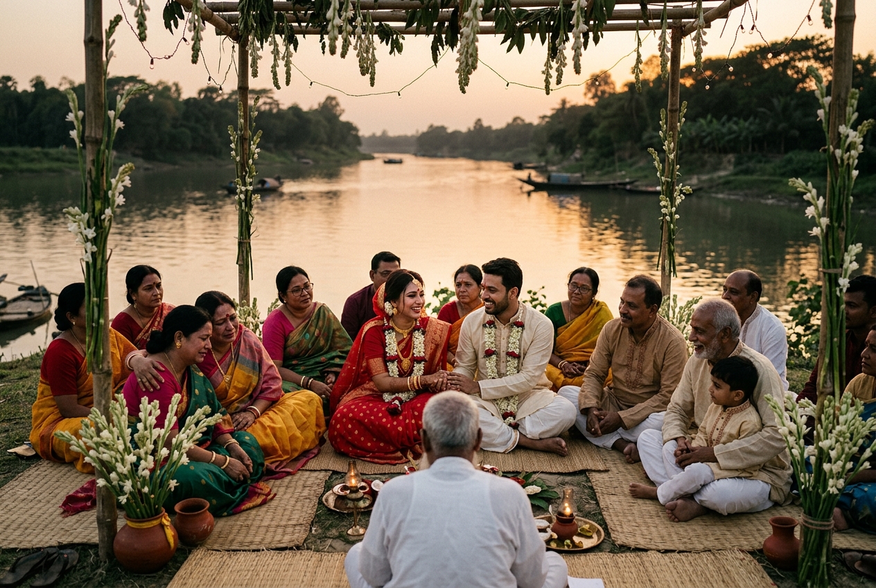Small riverside wedding ceremony with family on straw mats
