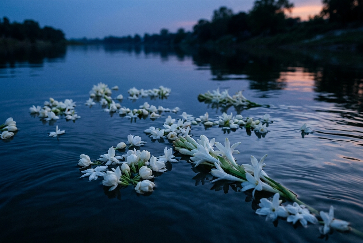 White jasmine flowers floating on calm blue hour river water
