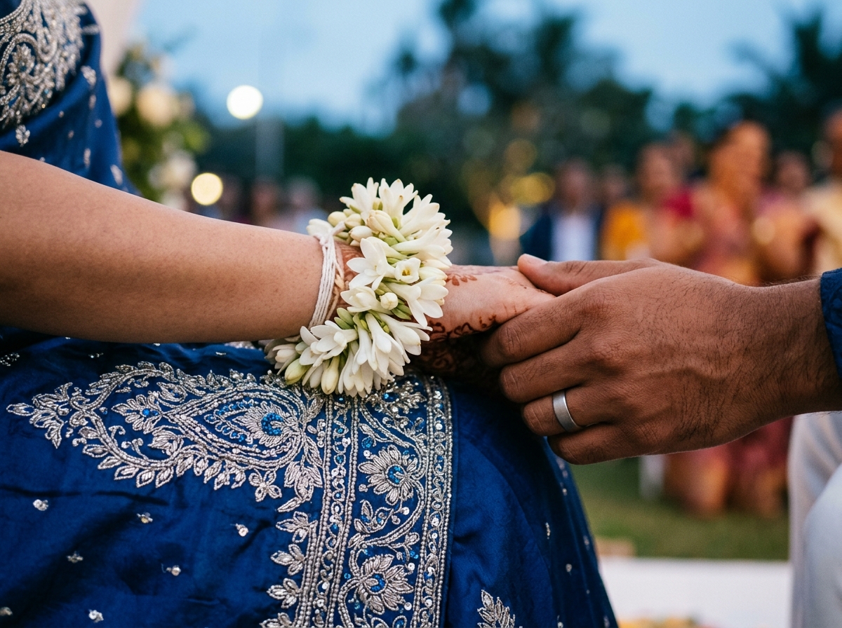 Close up detail of bride and groom hands with white floral wristlet