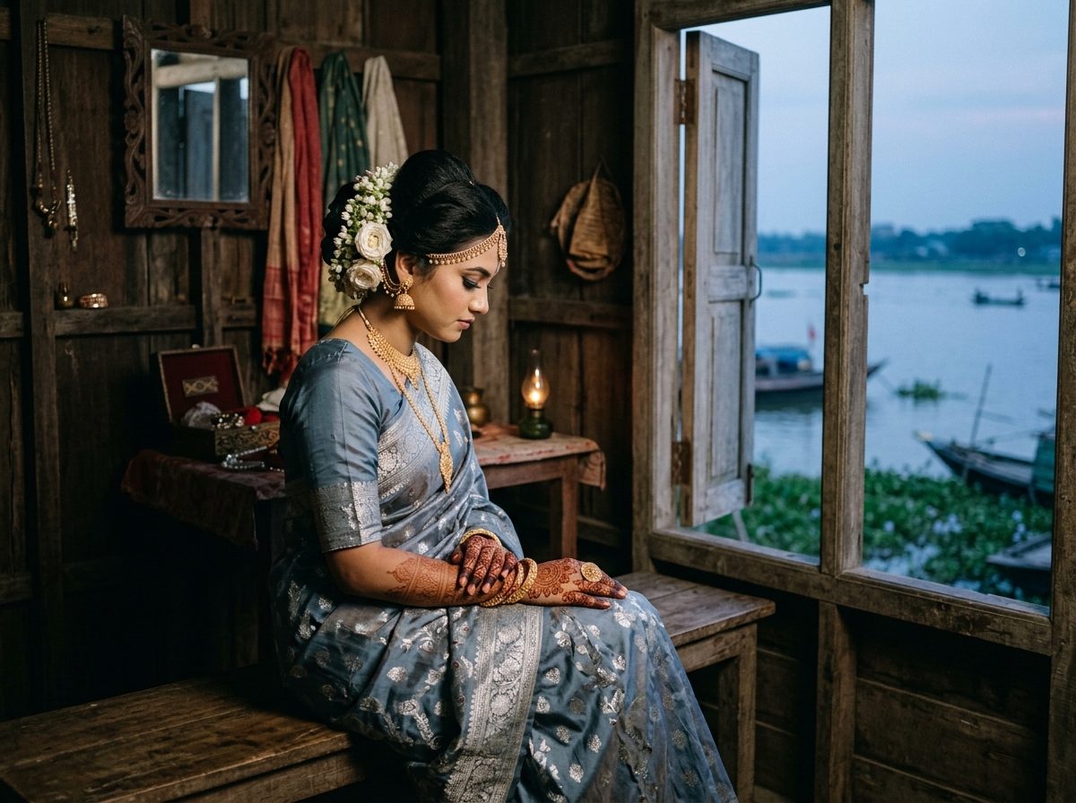 Bride in muted blue saree looking out wooden window over water