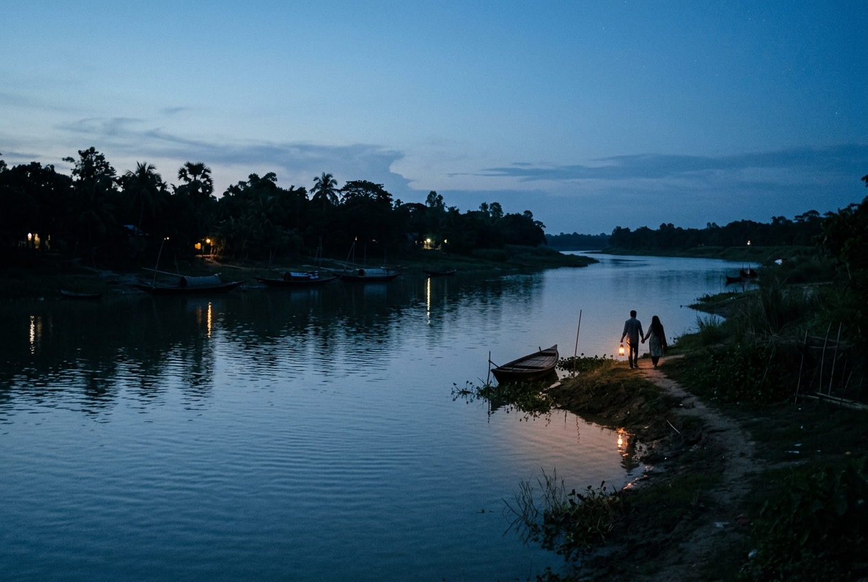 Serene blue hour landscape of riverbank with couple in distance